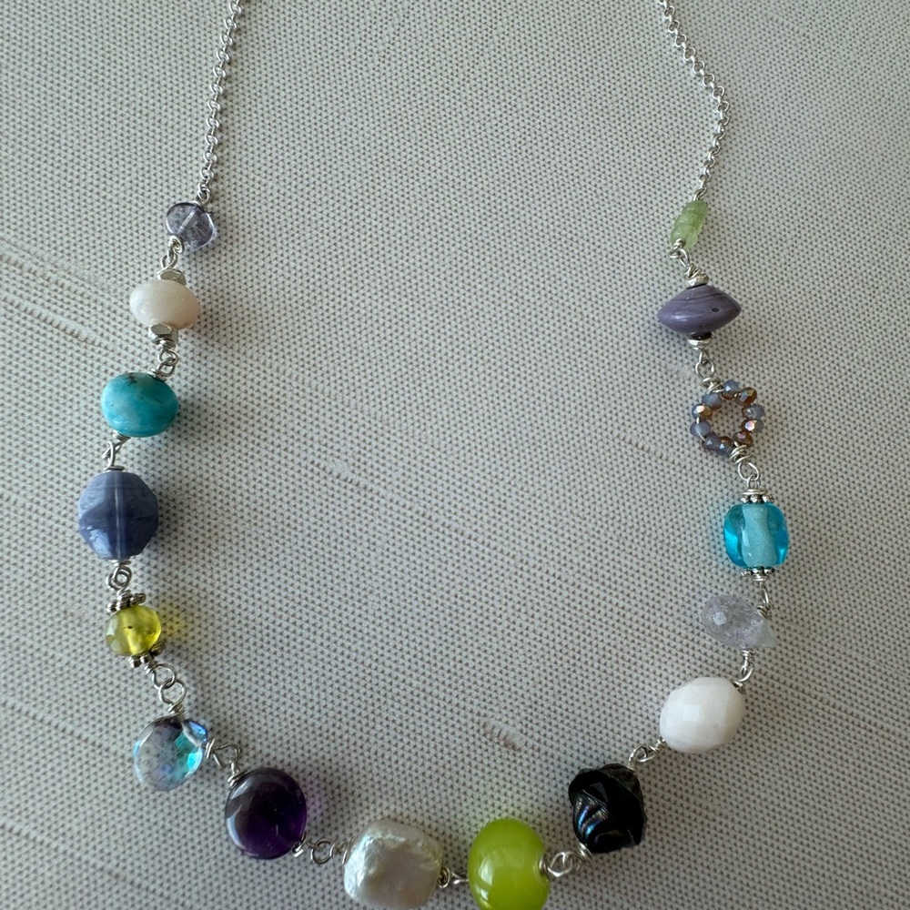 Multi Color And Shape Gemstone And Silver Necklace - image 6
